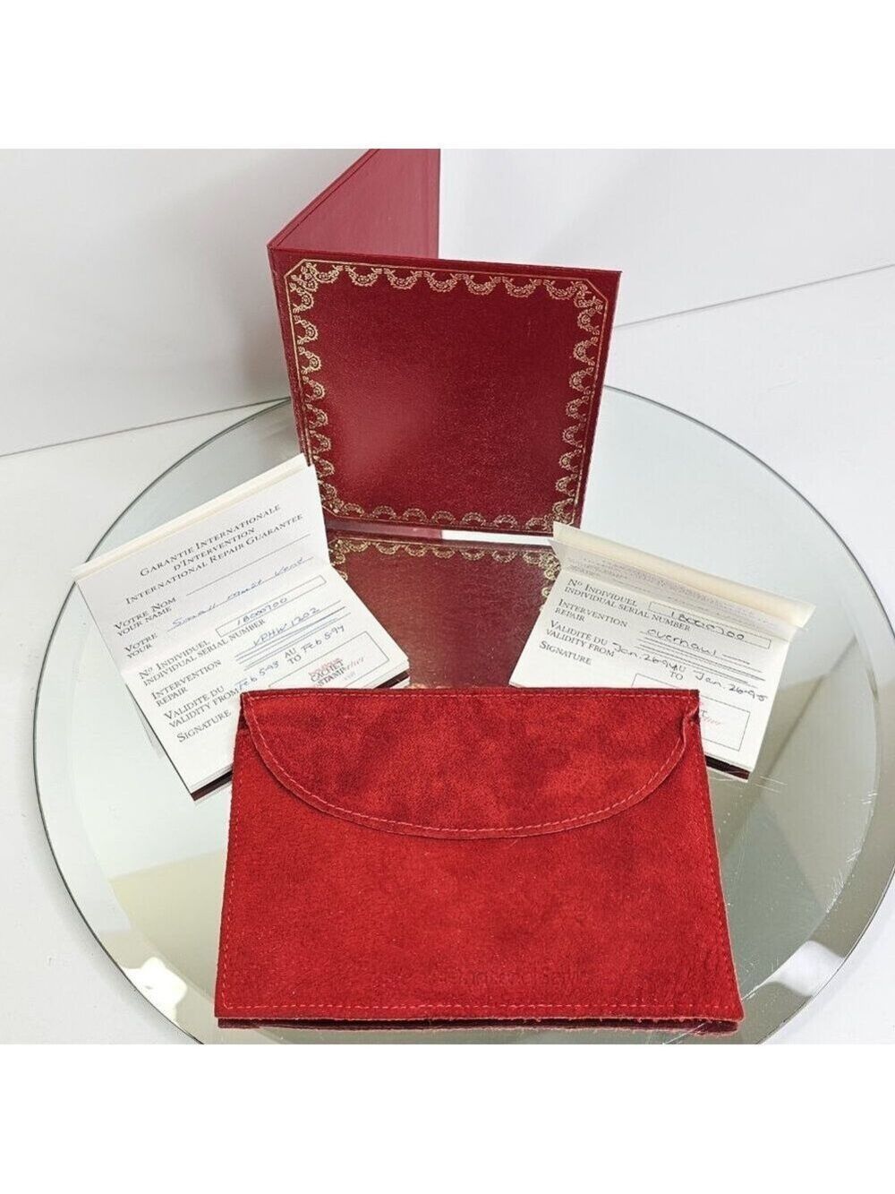 Cartier Original Vintage Red Suede 6x4" Watch Pouch, 2 Service Booklets, Sleeve
